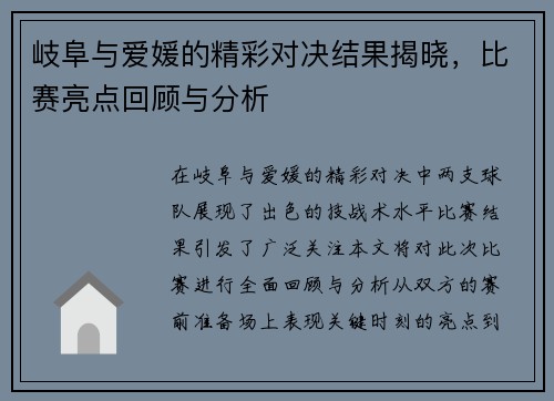 岐阜与爱媛的精彩对决结果揭晓,比赛亮点回顾与分析